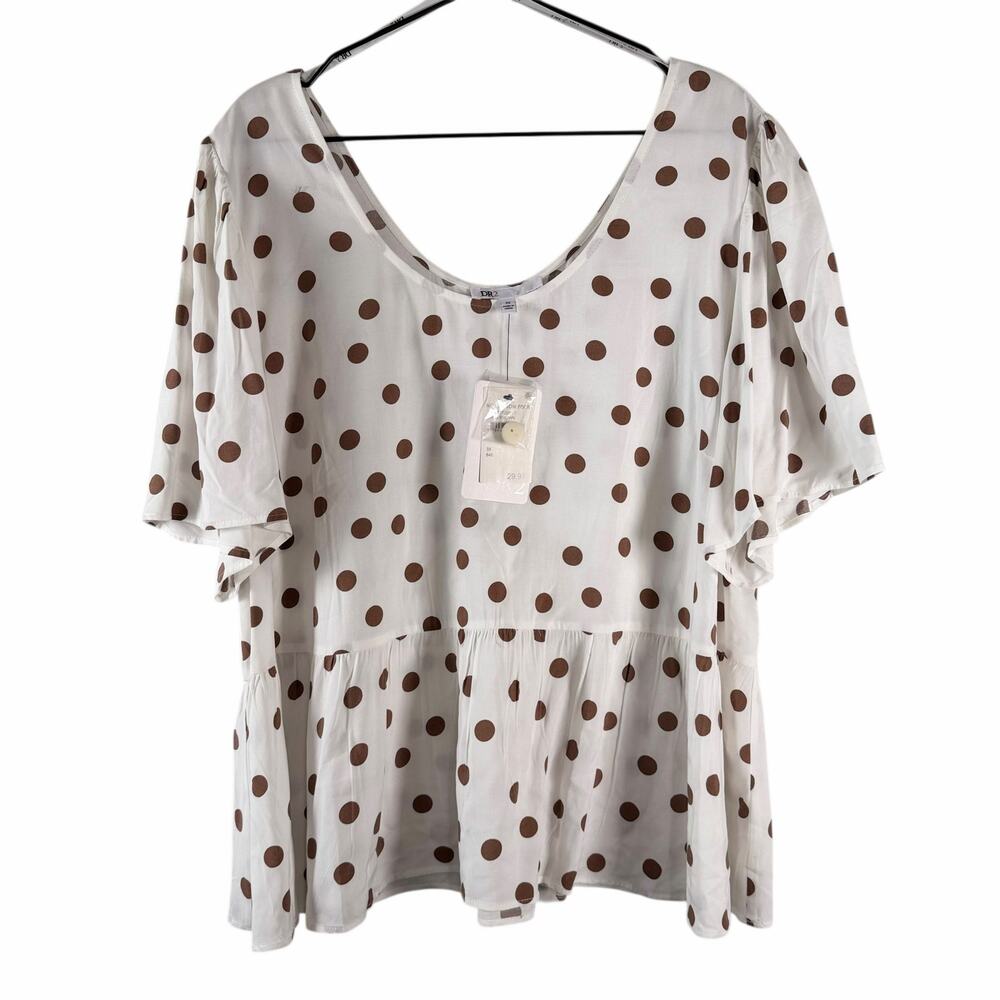 NWT DR2 Polka Dot Peplum Blouse White & Brown Dotted Babydoll Relaxed Size 3X